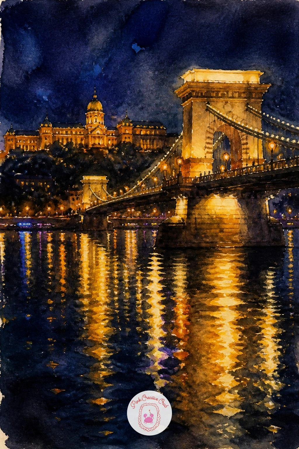 Budapest Bridge At Night — Match the Venice bridge with its night-time cousin, a Budapest bridge lit up over the Danube. Watercolor city