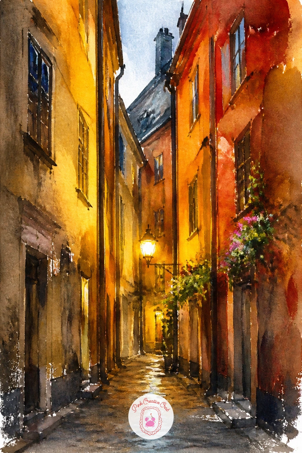 Stockholm Old Town Alley — Narrow the view for a Stockholm old town alley, all tall leaning buildings in warm Swedish ochre and rust. Watercolor city
