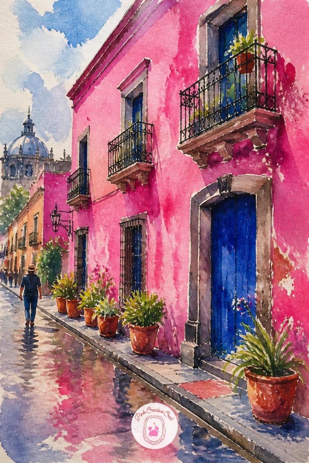 Mexico City Pink Building Street — Bring back bold color with a Mexico City street built around one unmistakable hot pink building. Watercolor city
