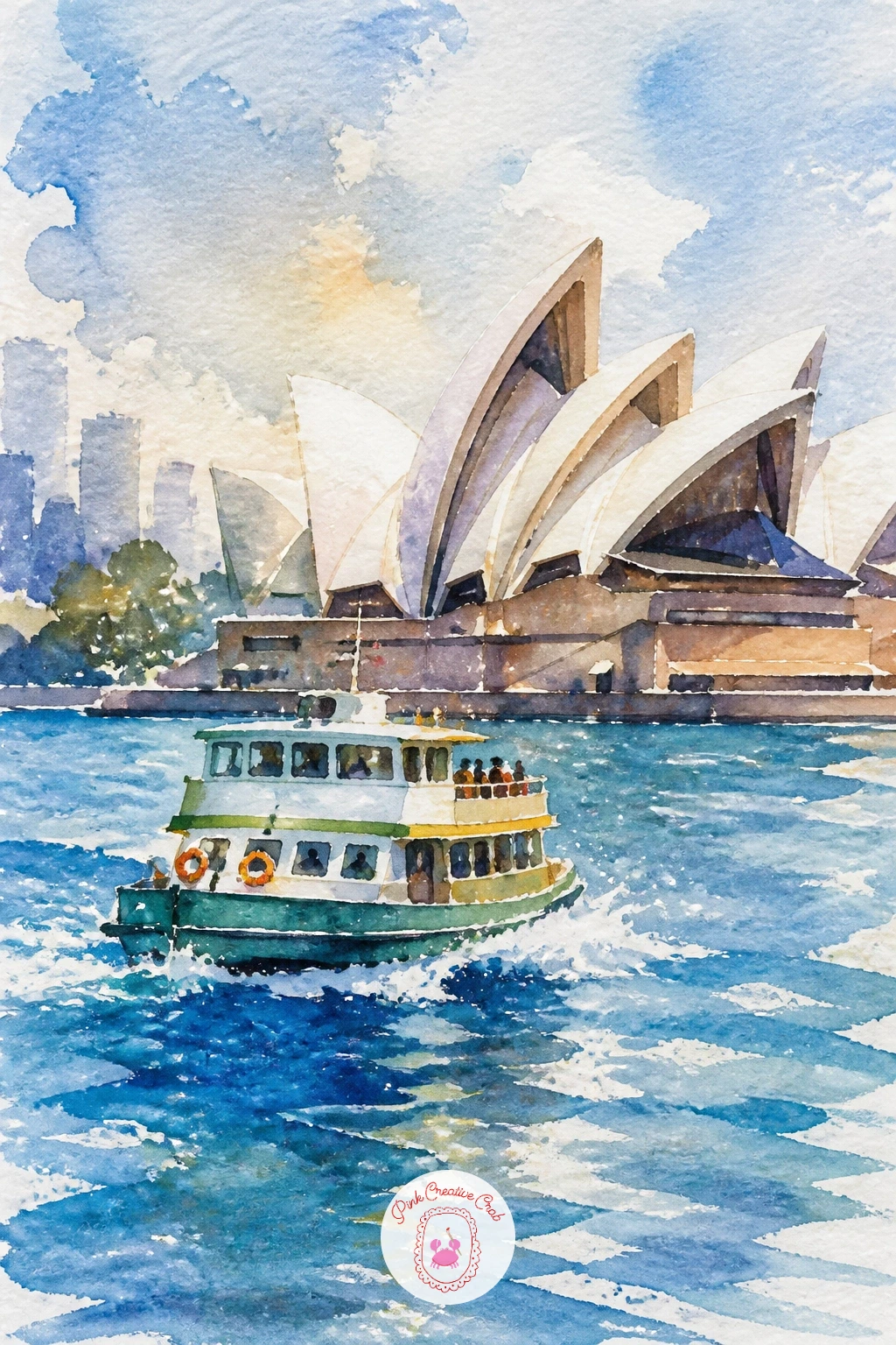 Sydney Ferry With The Opera House — Open up the water again for a Sydney ferry crossing the harbor with the Opera House behind it. Watercolor city