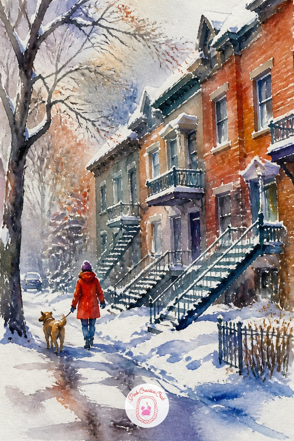 Montreal Winter Street — Return to snow with a Montreal winter street, cozier and more intimate than the Oslo harbor earlier in the list. Watercolor city