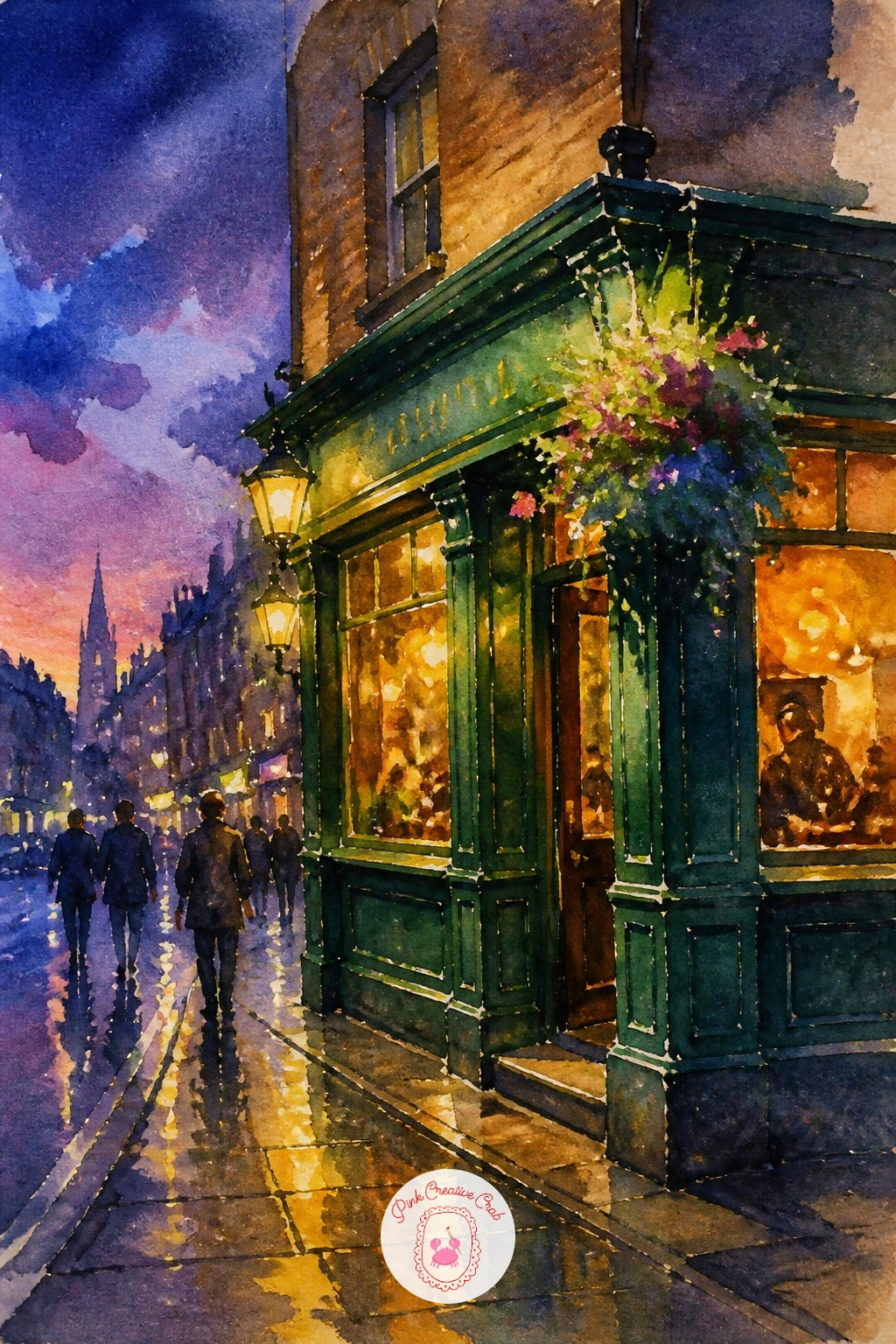 Dublin Pub At Dusk — Warm things back up with a Dublin pub glowing at dusk, a scene that leans on one strong light source against a cooling sky. Watercolor city