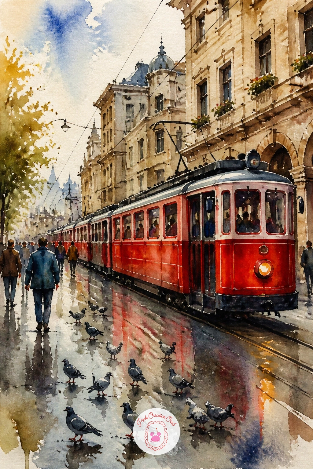 Istanbul Tram — Add another tram to the collection, this time an Istanbul tram running past a row of historic facades. Watercolor city