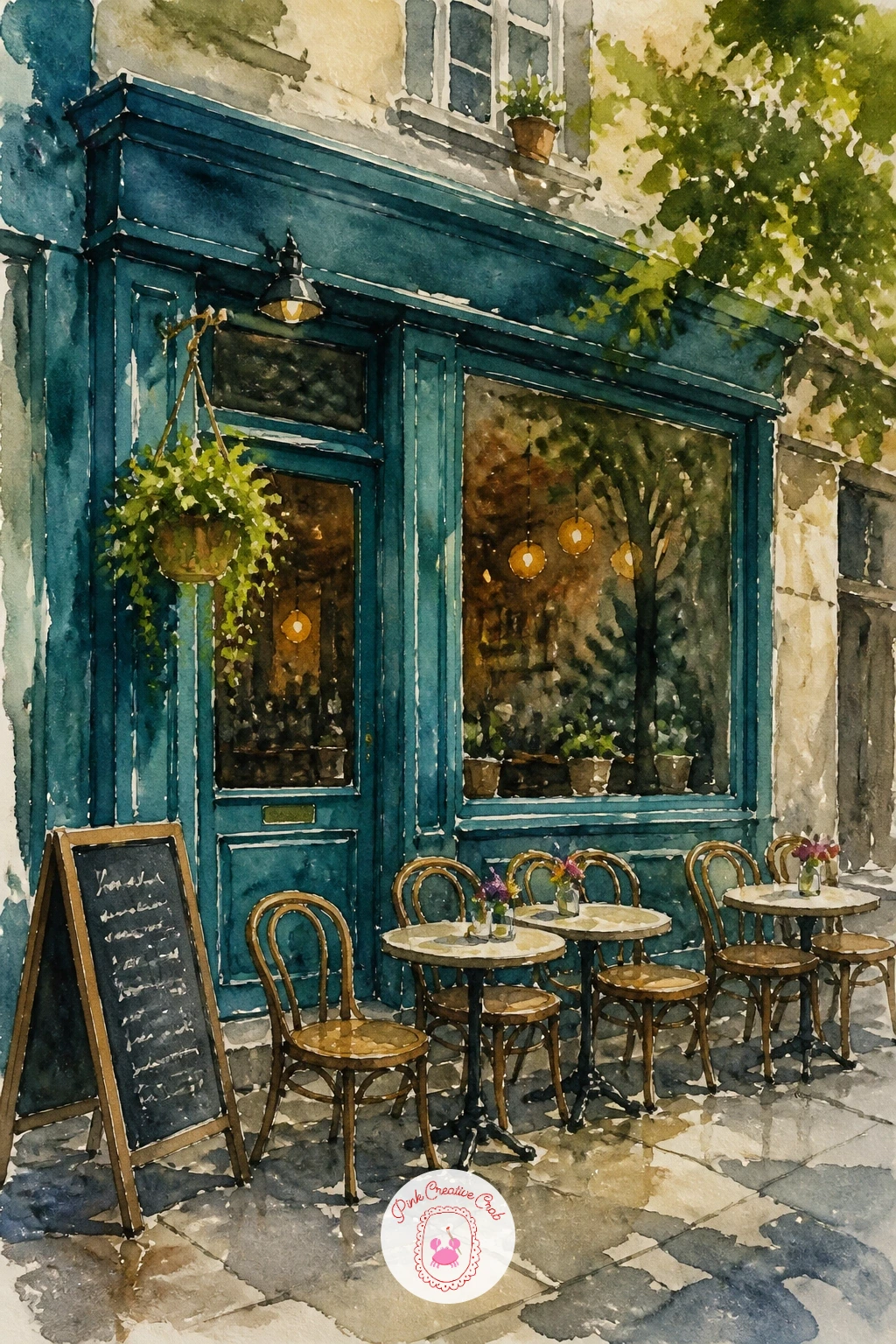 Berlin Cafe With Chairs Outside — Slow the pace with a Berlin cafe, its rows of little outdoor chairs and tables the real subject here. Watercolor city