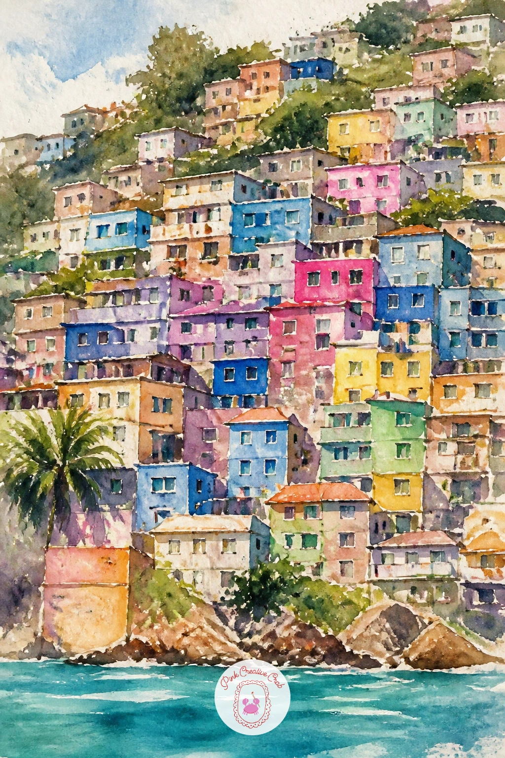 Rio Hill With Colorful Houses — Climb a hillside for Rio, where stacked colorful houses tumble down a steep slope toward the sea. Watercolor city