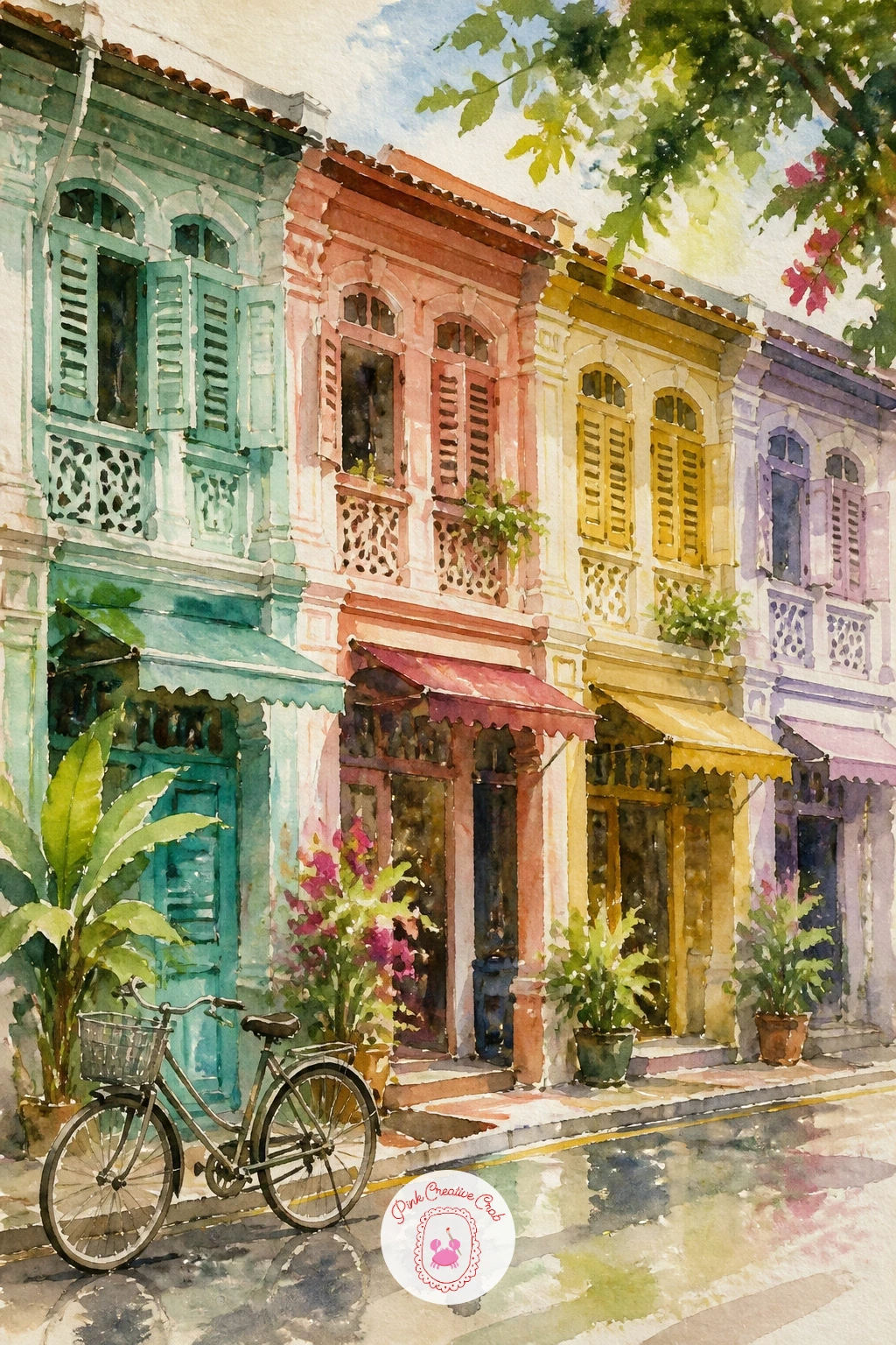 Singapore Shophouse Row — Keep the color patchwork going with a Singapore shophouse row, this time in a neat horizontal line rather than a tumbling hill.