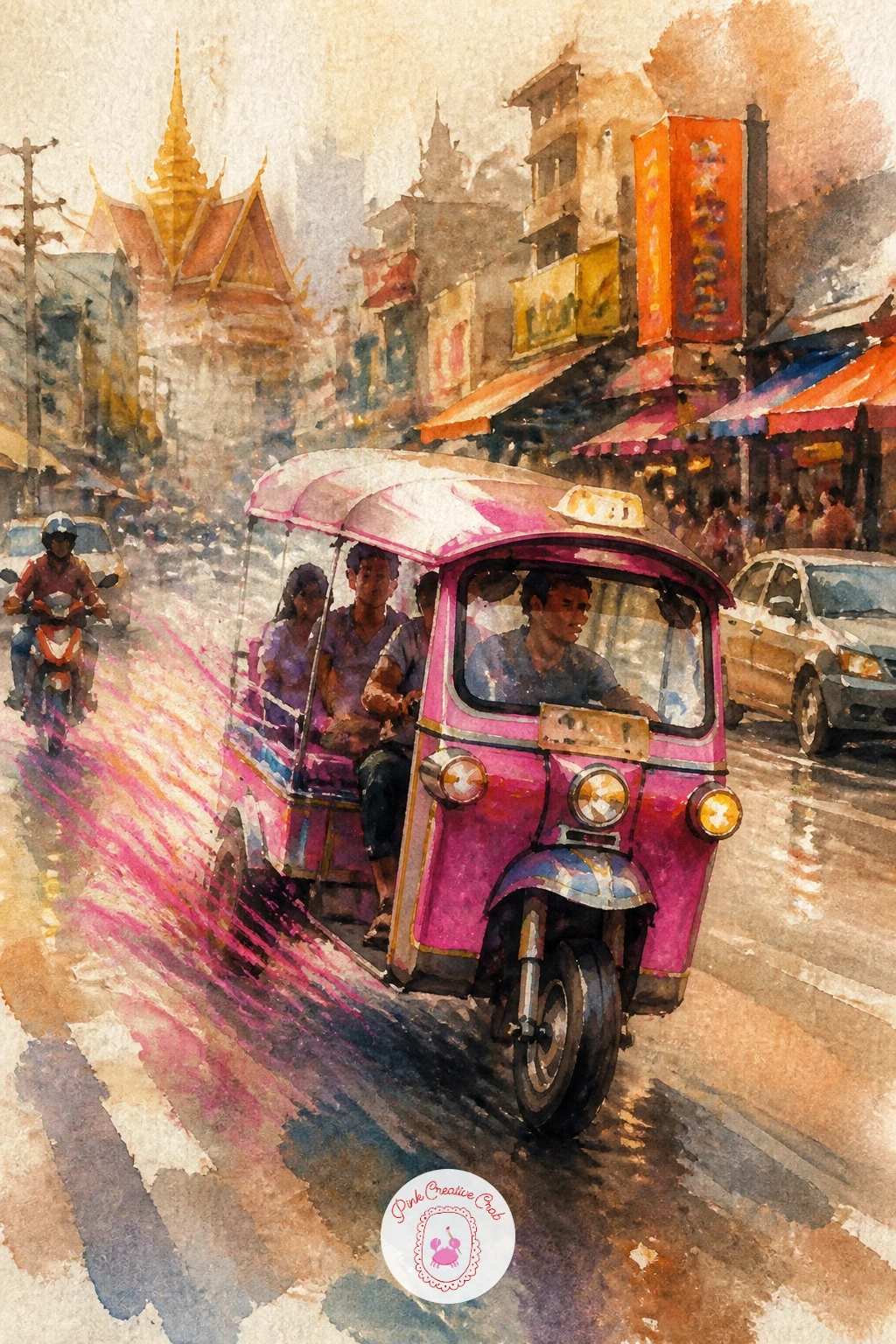 Bangkok Tuk-Tuk Street — Bring back some motion with a Bangkok tuk-tuk weaving down a busy street. Watercolor city