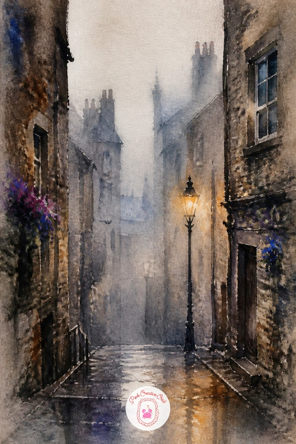 Edinburgh Close In Fog — Soften everything for an Edinburgh close wrapped in fog, a good subject for practicing atmospheric perspective. Watercolor city