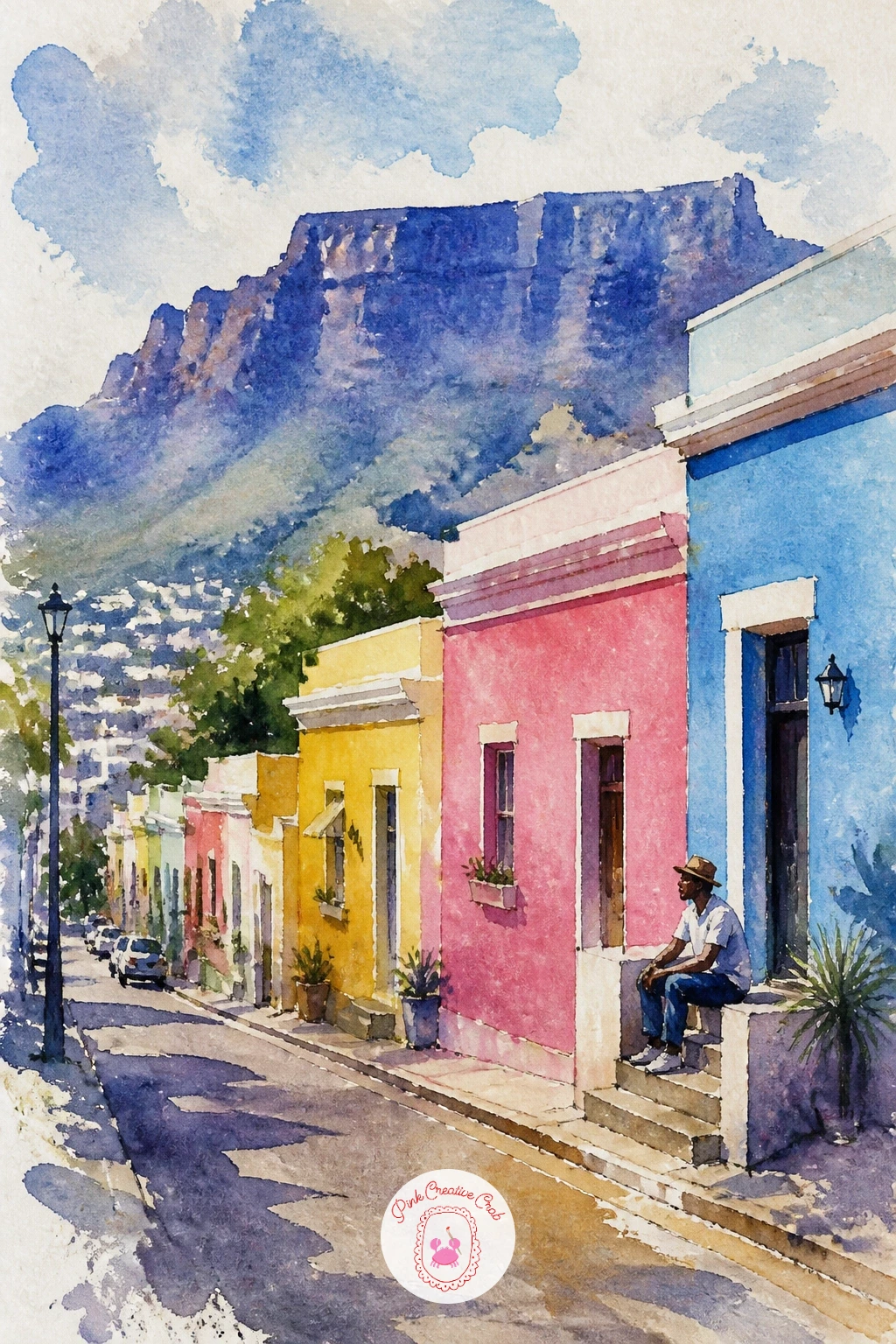 Cape Town Street With Mountains — Open the view wide for a Cape Town street with Table Mountain rising behind the rooftops. Watercolor city