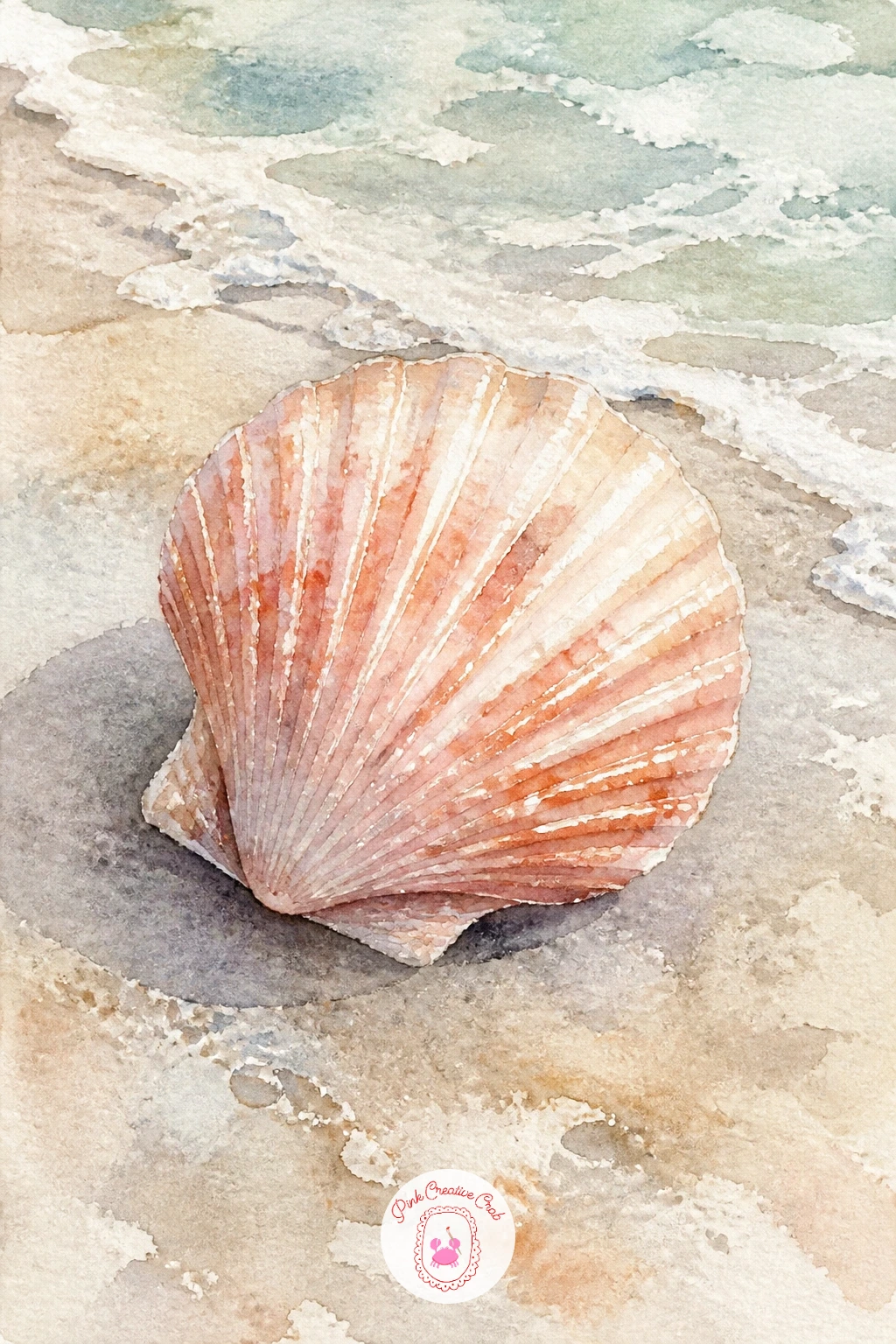 Scallop Shell on Wet Sand — Start the whole series with a scallop shell, since its fan shape teaches the ridge pattern you will reuse on almost every shell