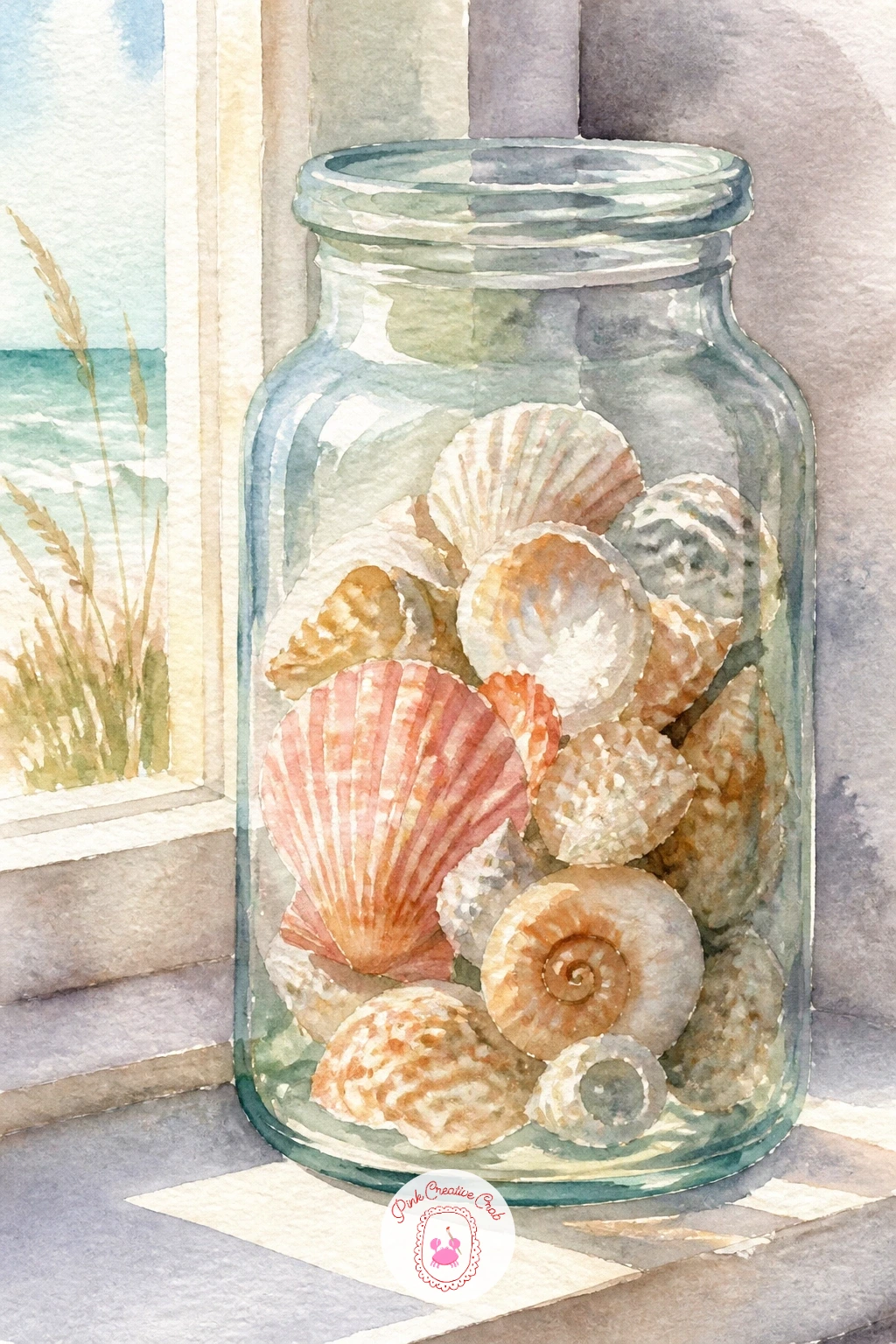 Jar of Collected Shells on a Windowsill — Move indoors now with a glass jar of collected shells sitting on a windowsill, backlit by soft daylight. Watercolor