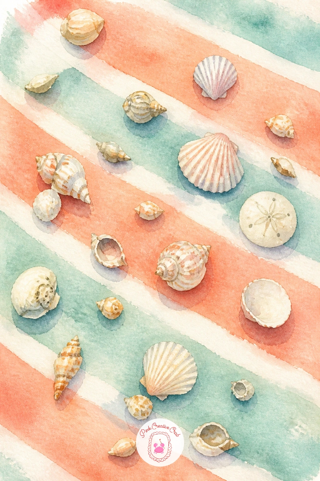 Shells on a Striped Beach Towel — Shift gears here and build a little scene: a handful of shells scattered across a striped beach towel. Watercolor seashells