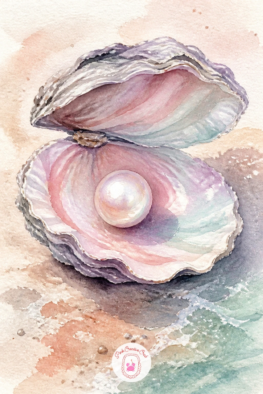 Oyster With a Pearl — An open oyster with a single pearl inside is a lovely glam-cabana subject because the contrast does all the work for you. Watercolor