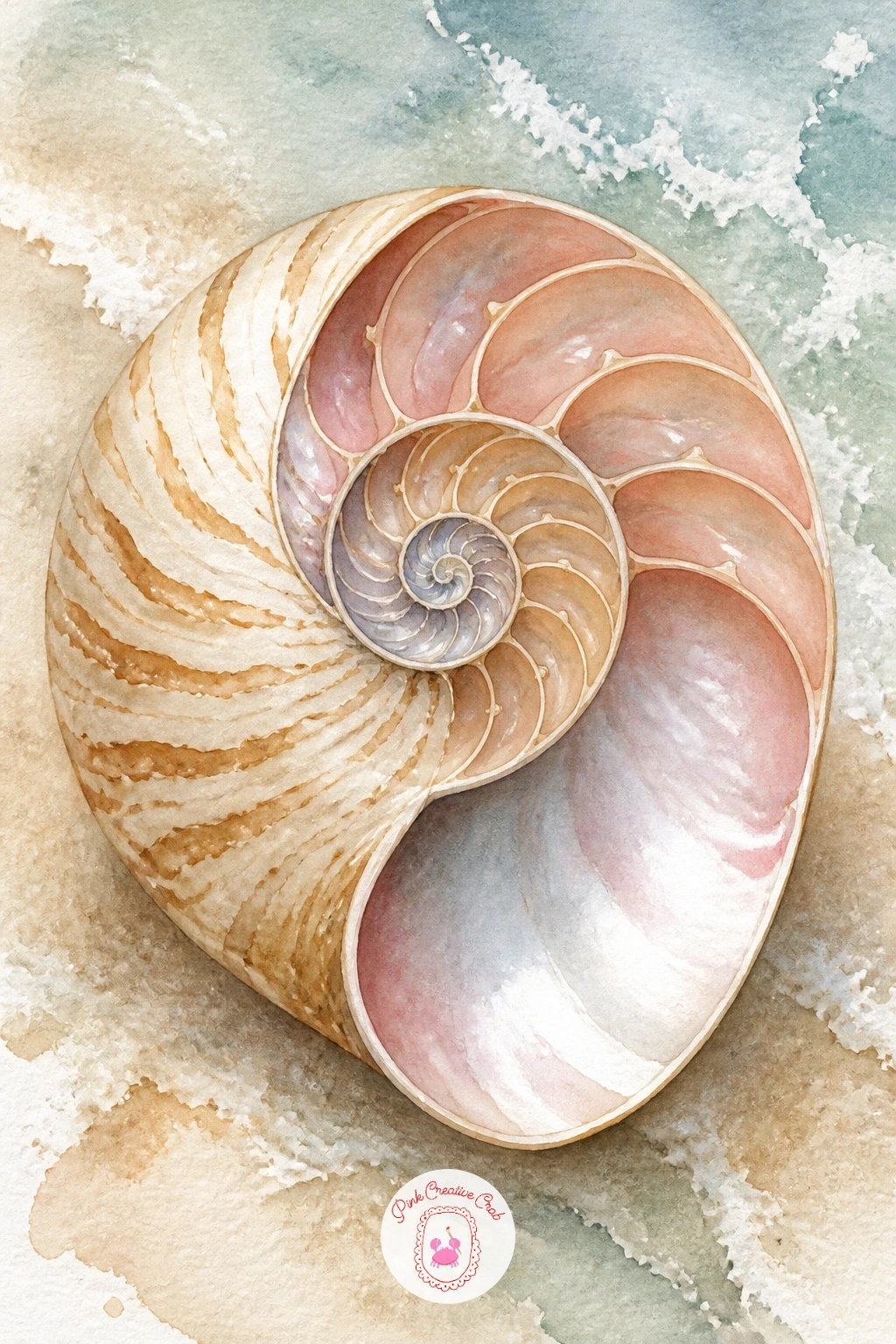 Nautilus Shell Cut Open — Follow the oyster's interior glow with the nautilus shell cut open, which shows off that famous spiral of chambers. Watercolor