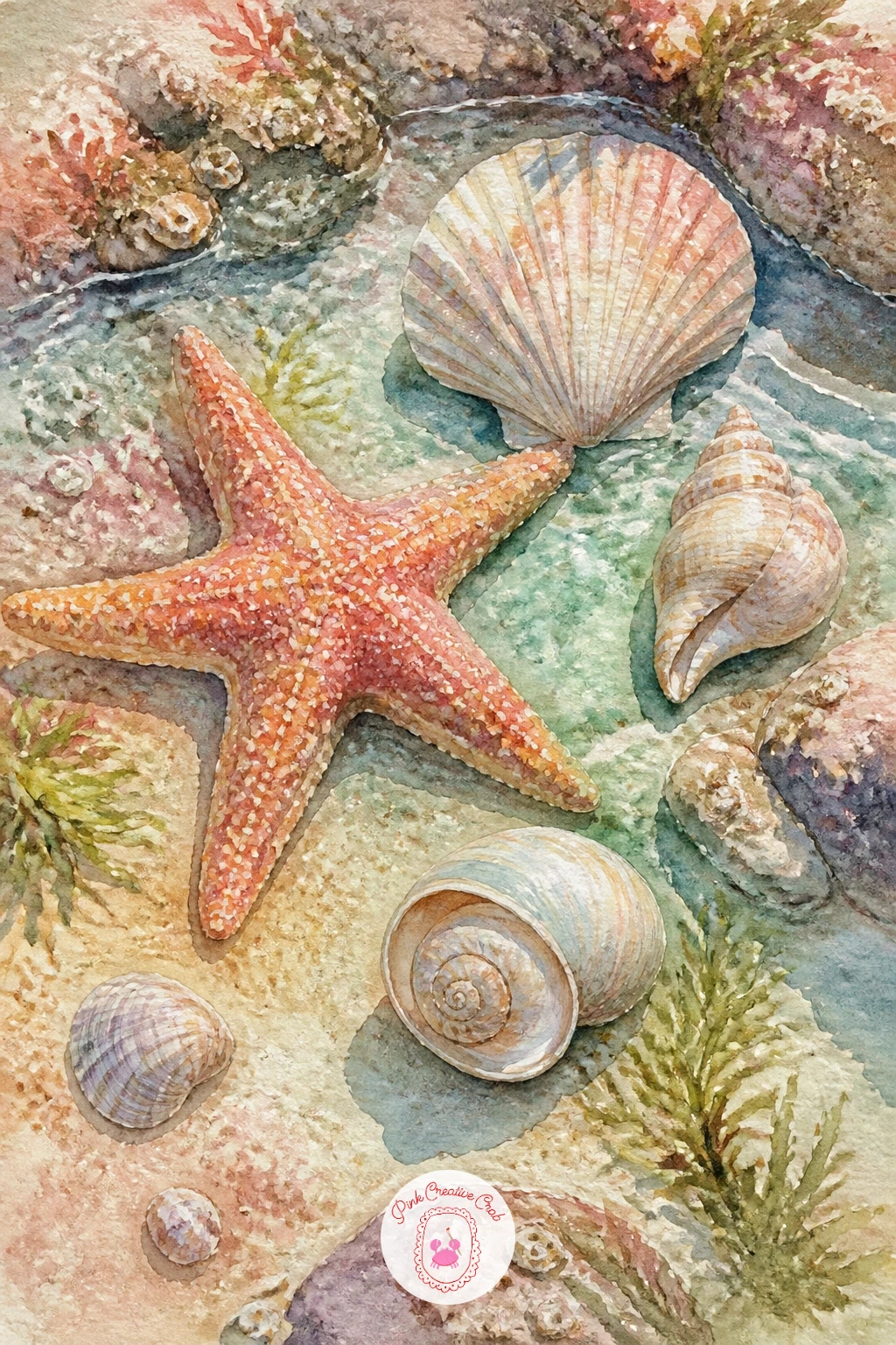 Starfish and Shells in a Tide Pool — Build a small tide pool scene now, combining a starfish with a few shells sitting under shallow water. Watercolor seashells