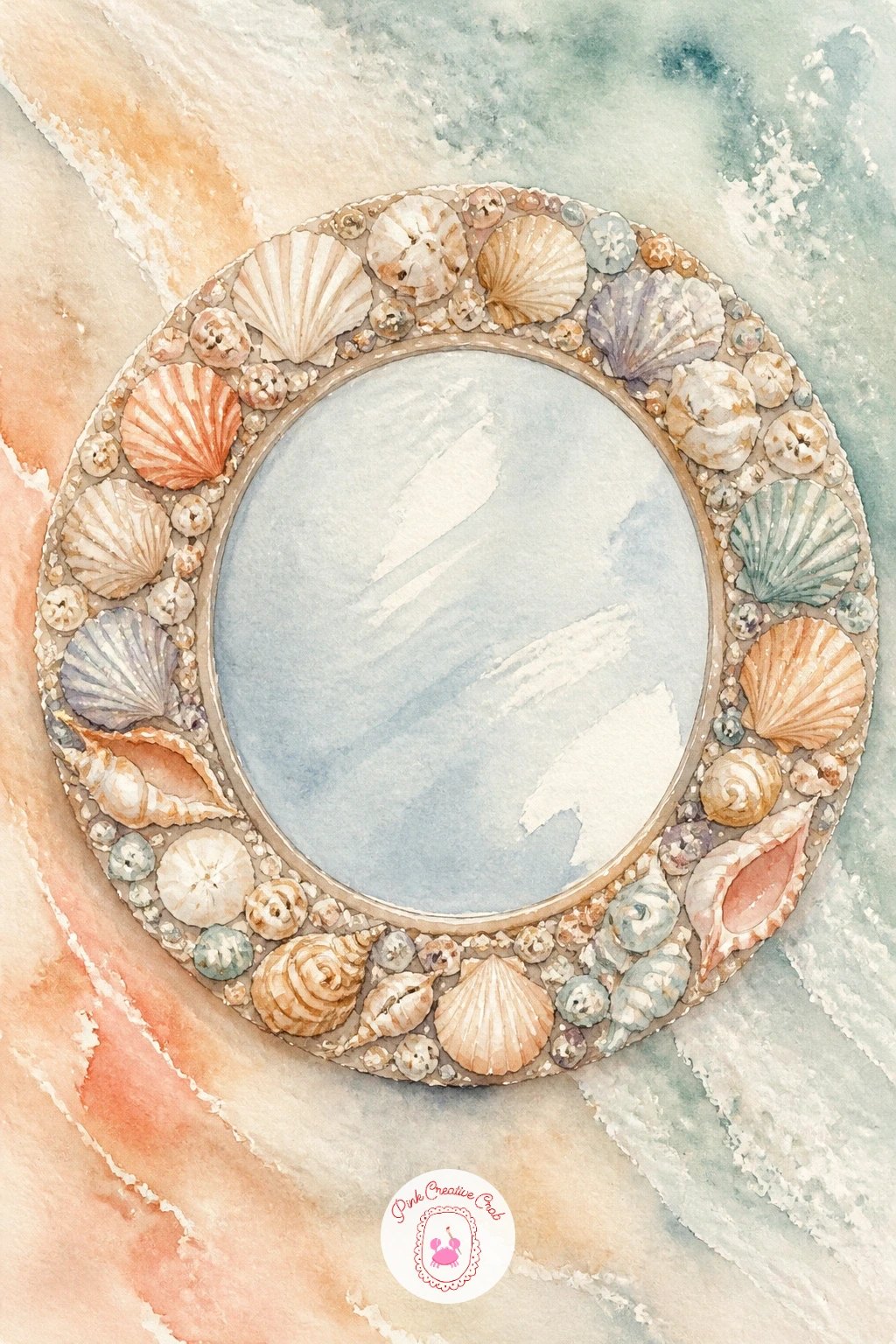 Shell Mirror Frame — Now try something decor-specific: a round mirror frame encrusted with small shells, the kind you'd actually hang in a coastal bathroom.