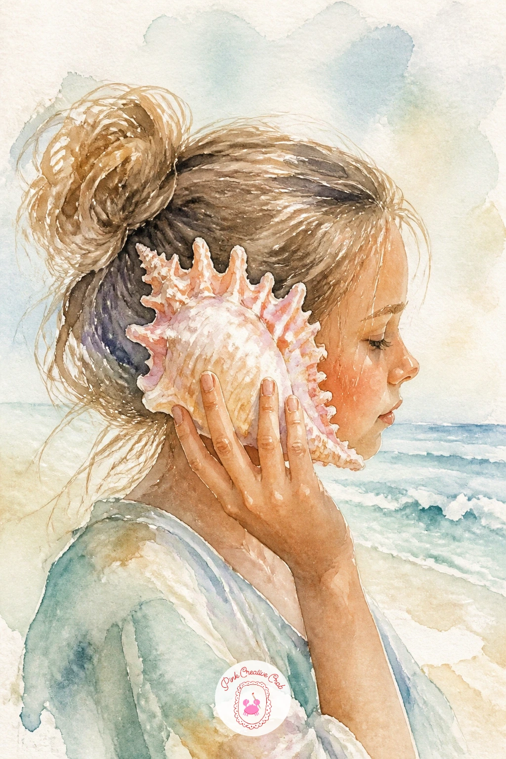 Girl Holding a Shell to Her Ear — Bring a figure into the series with a girl holding a large shell up to her ear, listening for the sea. Watercolor seashells