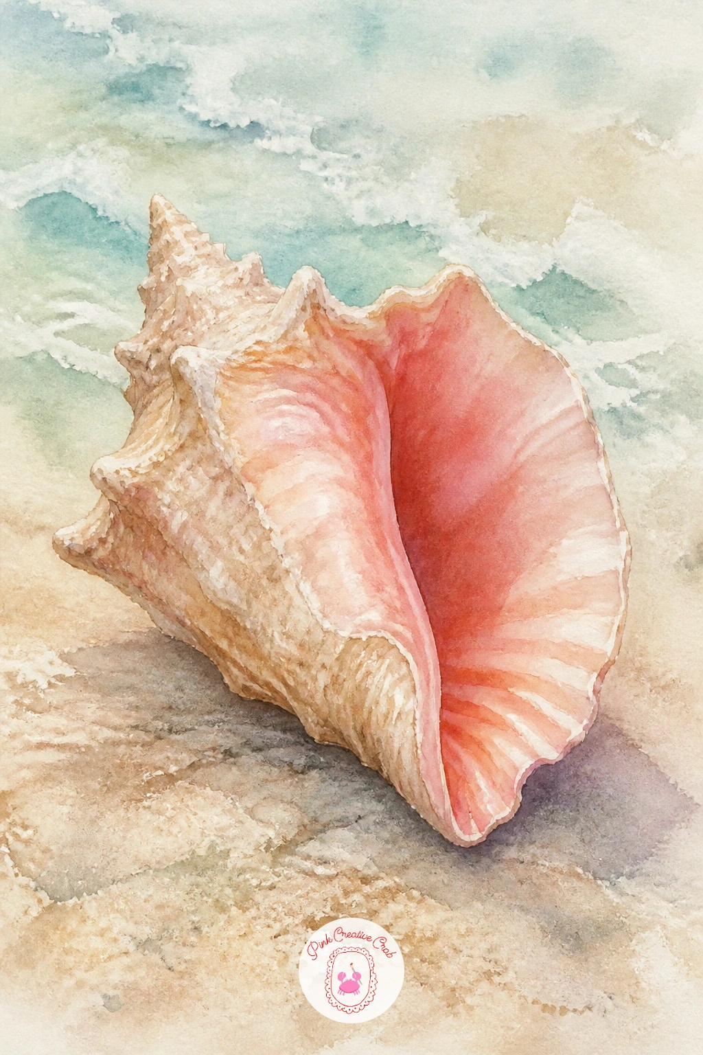 Pink Queen Conch — Return to a single hero shell with the pink queen conch, prized for the glowing blush inside its lip. Watercolor seashells