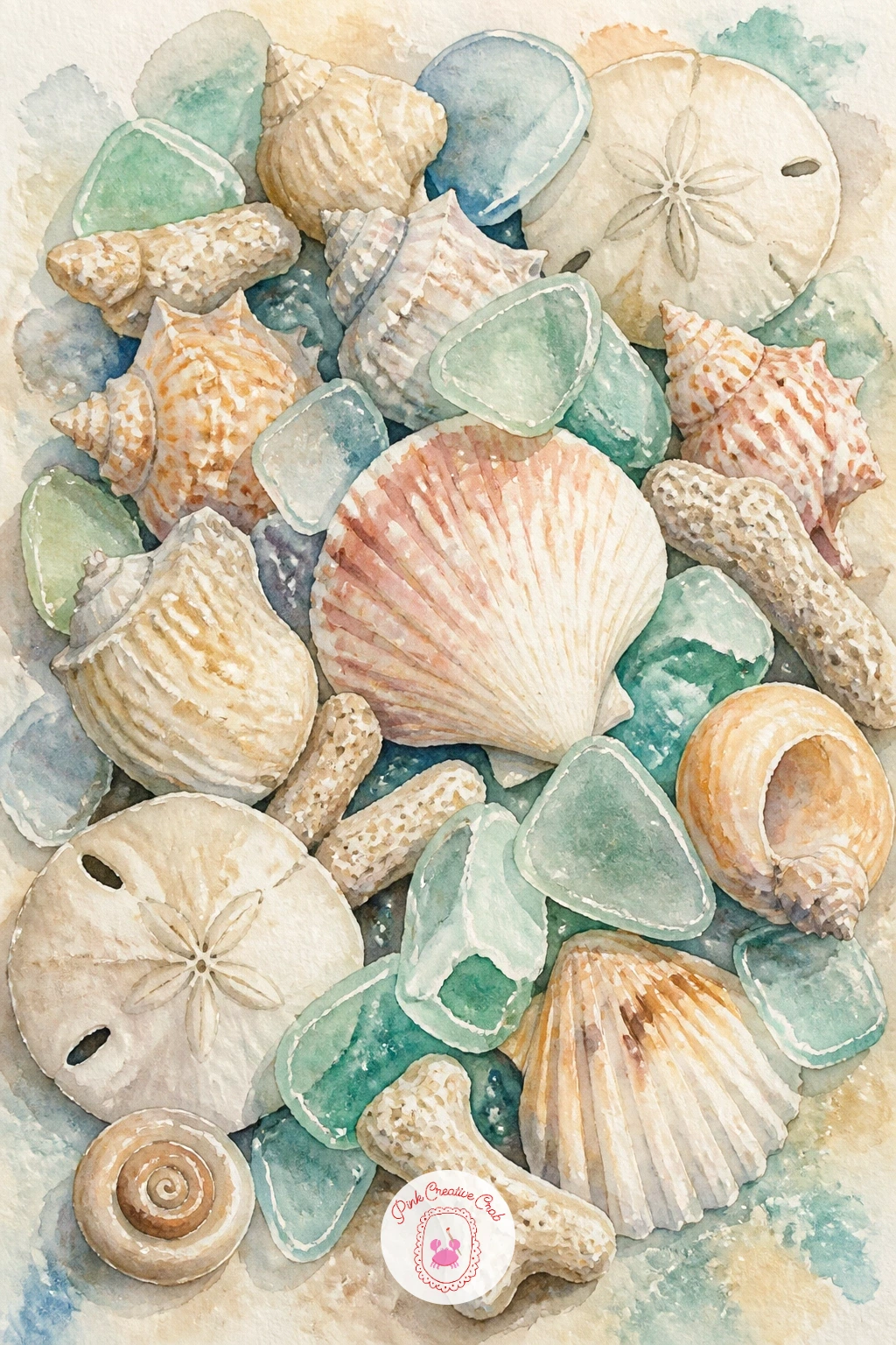 Pile of Shells and Sea Glass — Mix things up with a loose pile of shells and sea glass, a lovely subject for practicing overlapping shapes. Watercolor seashells