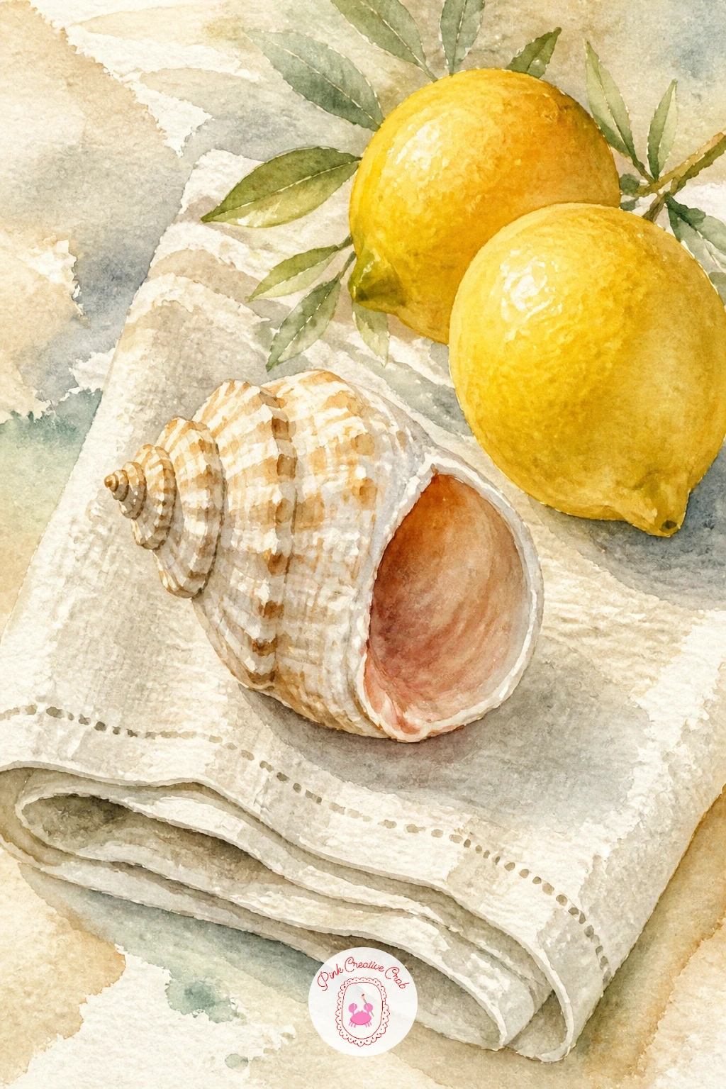Shell on a Linen Napkin With Lemons — Take the shells to a tablescape with a single shell resting on a folded linen napkin beside two lemons, a classic
