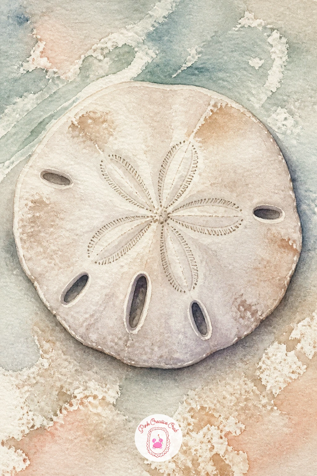 Sand Dollar — Slow down with a sand dollar, a quiet, calming subject thanks to its flat circular shape and simple petal pattern. Watercolor seashells