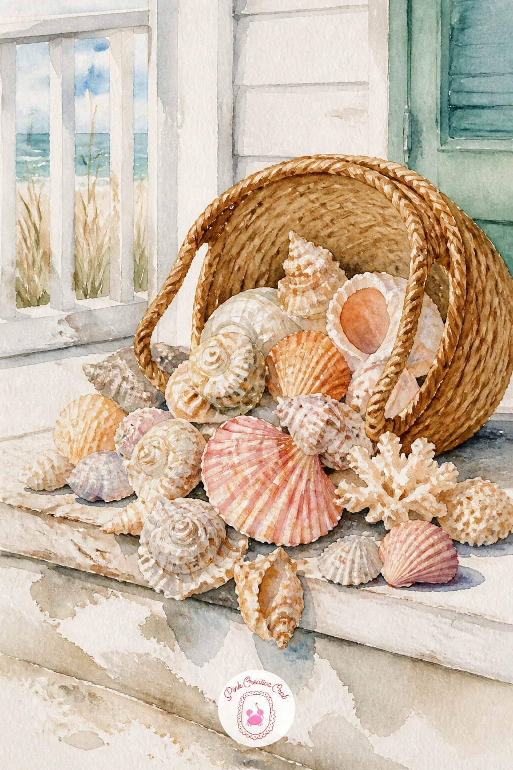 Basket of Shells on a Porch — Set a woven basket full of shells on a porch step for a cozy, lived-in coastal corner. Watercolor seashells