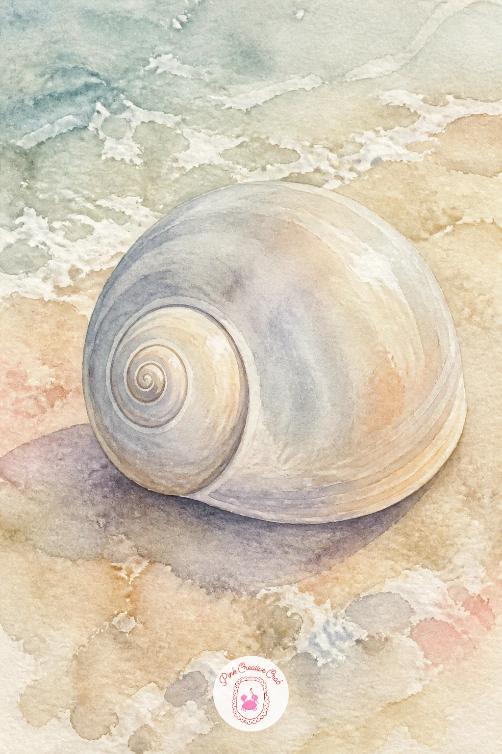 Moon Snail Shell — Return to a single specimen with the moon snail shell, smooth, rounded and almost architectural in its simplicity. Watercolor seashells