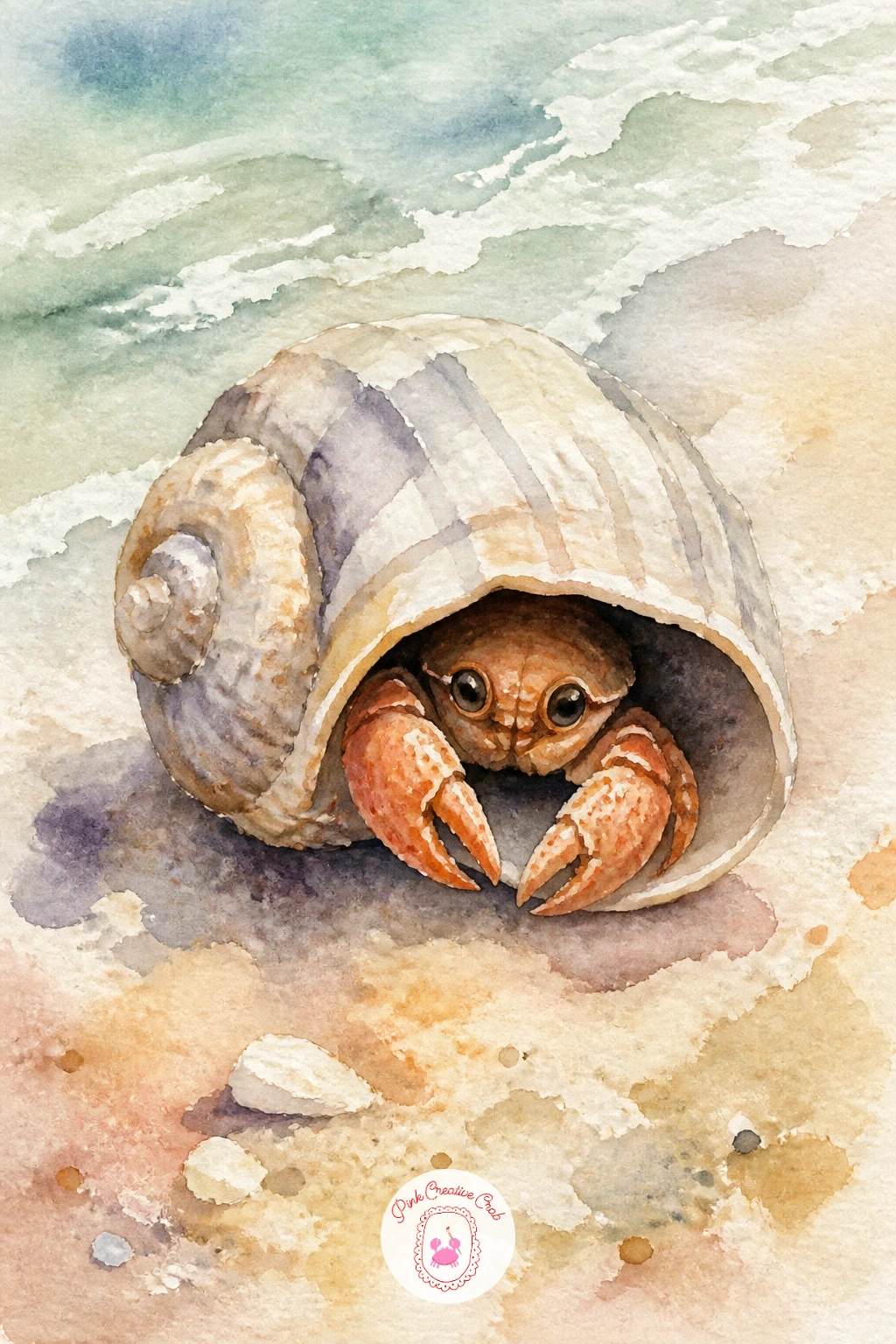 Crab Peeking From a Shell — Bring a little humor back with a small crab peeking out from inside a plain spiral shell, different enough from the earlier hermit