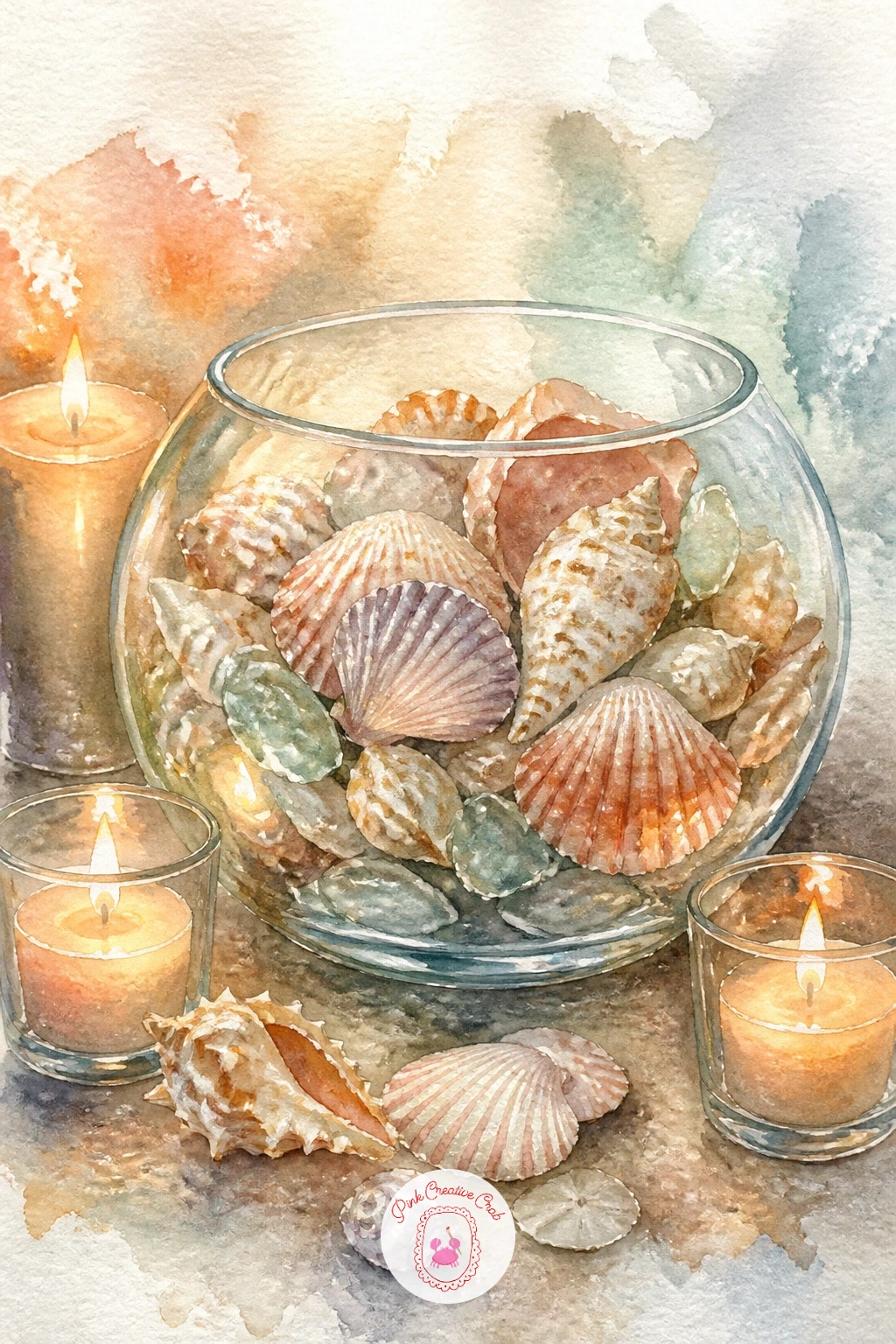Shells in a Glass Bowl With Candles — Build an evening coastal vignette now: shells in a glass bowl surrounded by two or three lit candles. Watercolor seashells