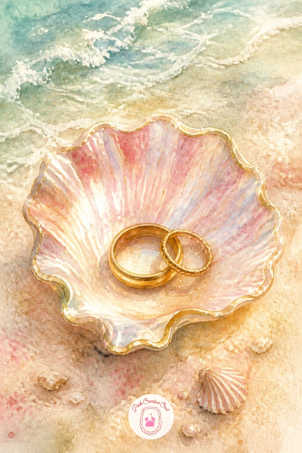 Shell-Shaped Dish With Rings — Paint a small shell-shaped trinket dish holding two or three rings, a favorite coastal-glam vanity piece. Watercolor seashells
