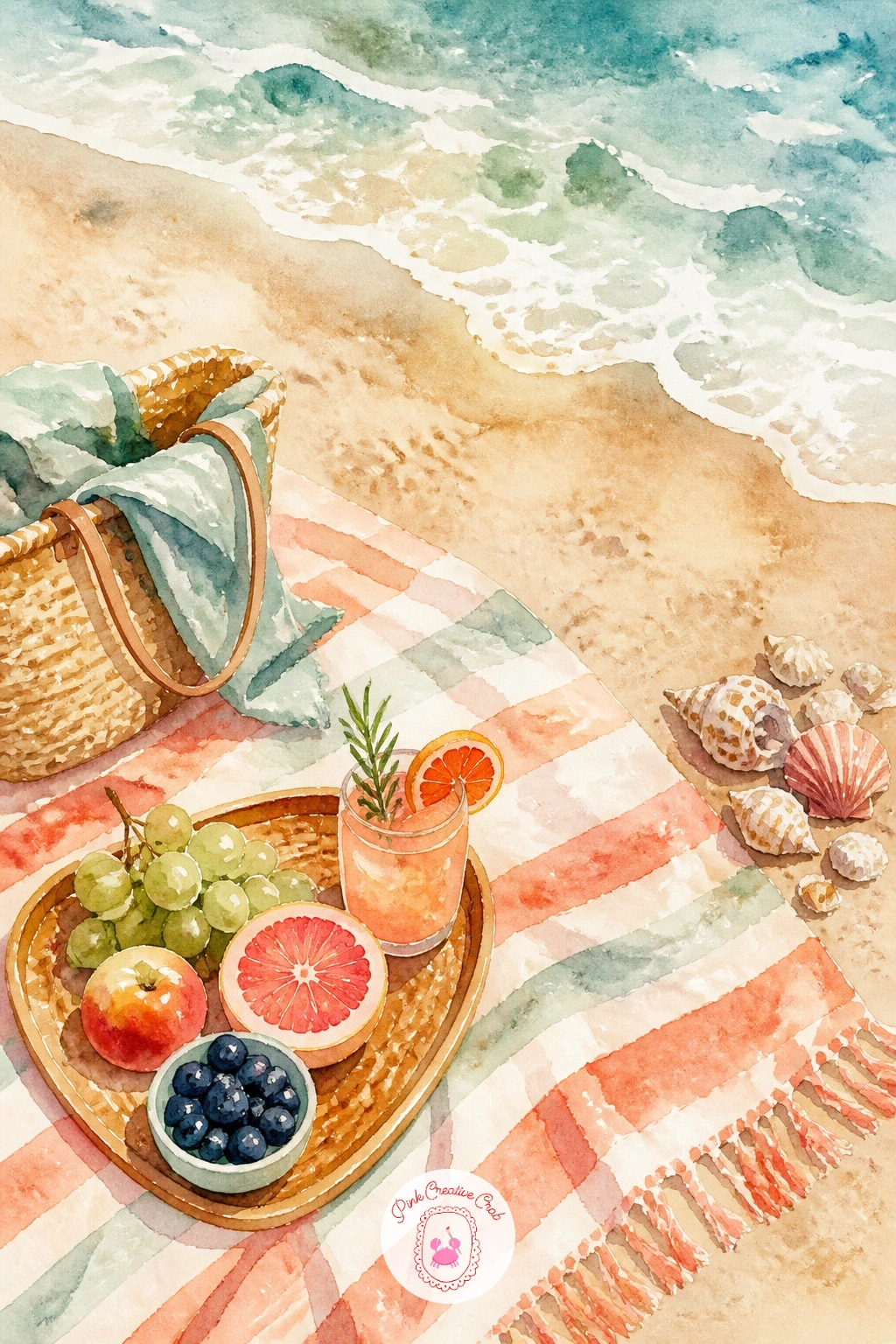 Beach Picnic With Shells — Widen the frame for a full beach picnic scene, a blanket scattered with fruit, a drink, and a few shells tucked along its edge.
