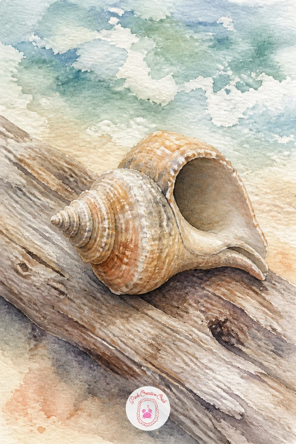 Whelk Shell on Driftwood — Settle back into a quieter subject with a single whelk shell resting on a piece of driftwood. Watercolor seashells