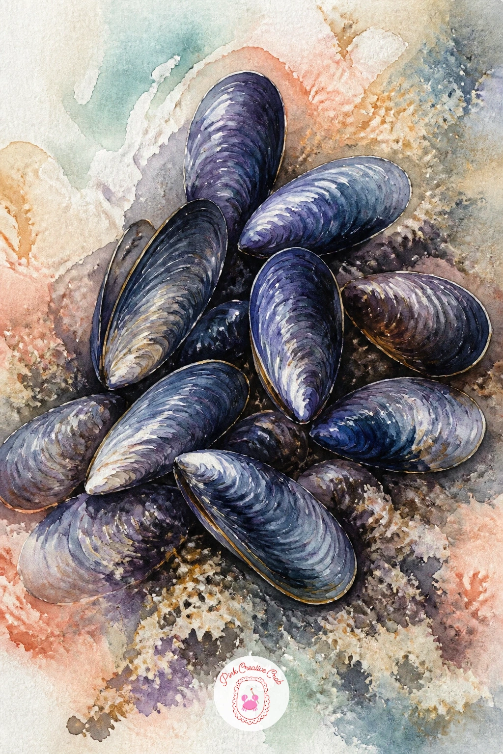 Mussel Shell Cluster — Paint a small cluster of dark mussel shells, a nice contrast after so many pale pastel subjects. Watercolor seashells
