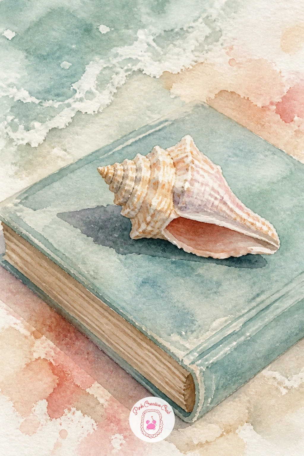 Shell on a Book — Paint a quiet reading-nook moment: a single shell resting on top of a closed book, as if left there by someone enjoying the porch. Watercolor