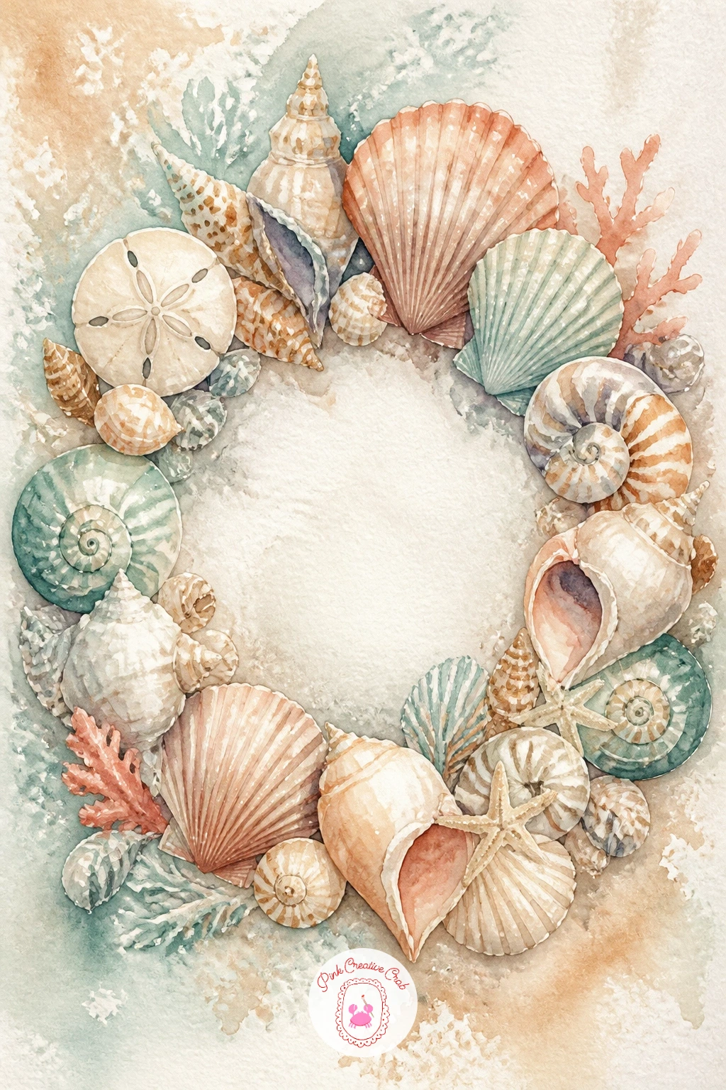 Shell Wreath — Build a full shell wreath next, a ring of varied shells arranged for a front-door coastal decor print. Watercolor seashells