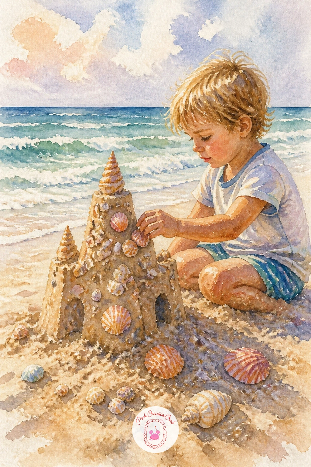 Child Building a Sandcastle Decorated With Shells — Close the series with a child building a small sandcastle decorated with shells along its towers, a warm