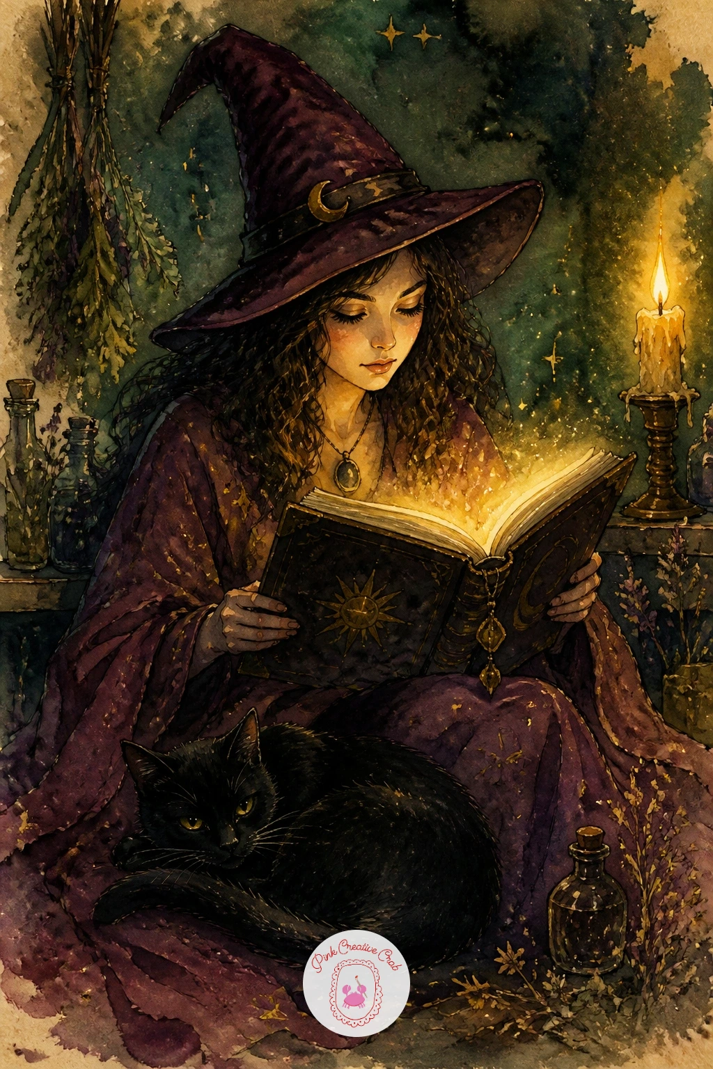 Witch Reading Spell Book With Black Cat — Start with the witch reading a spell book with a black cat curled beside her, since it sets the whole mood for