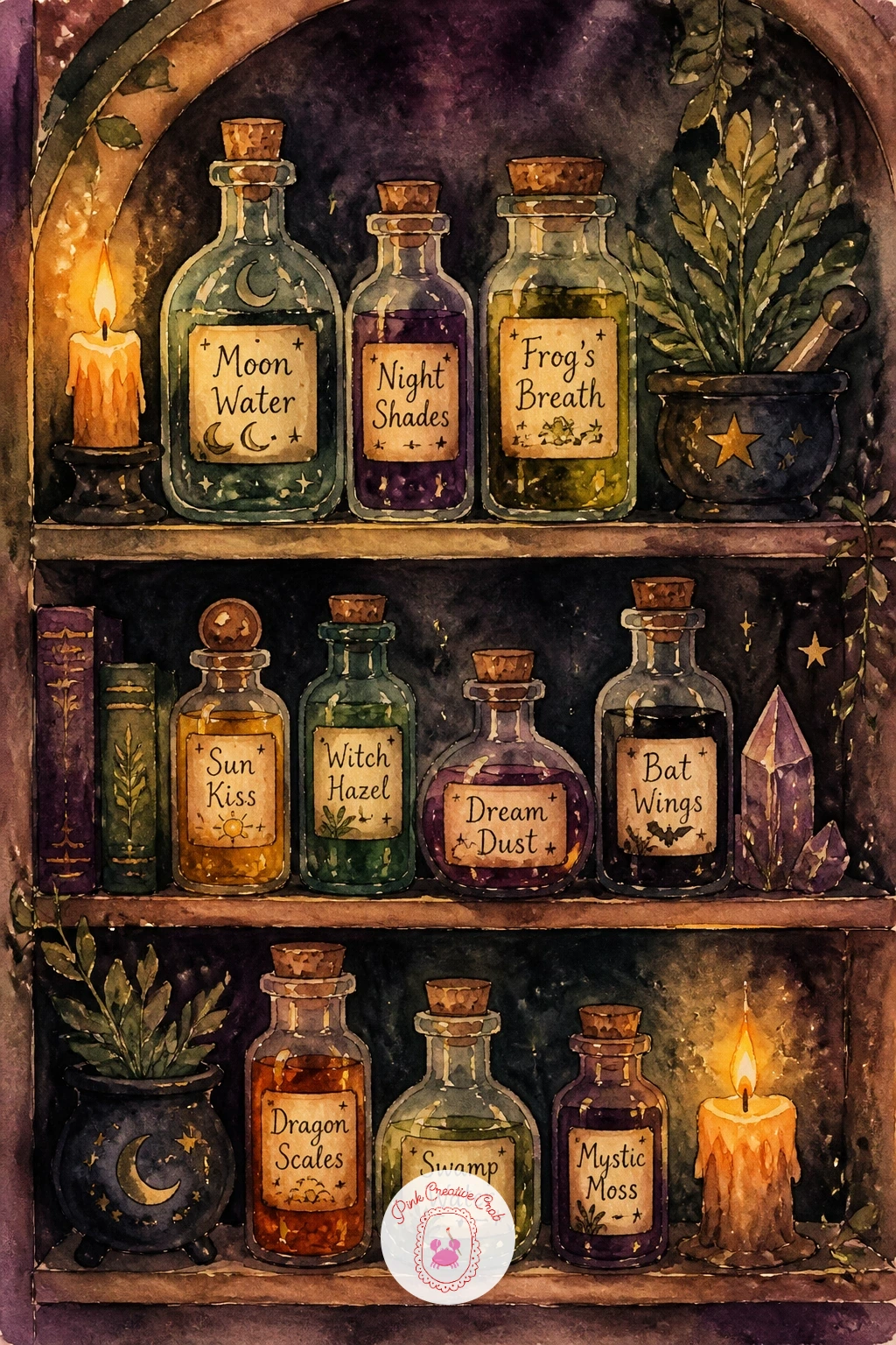 Potion Shelf With Labeled Bottles — Move from the witch herself to her supplies with a potion shelf lined with labeled bottles, a subject that rewards a loose