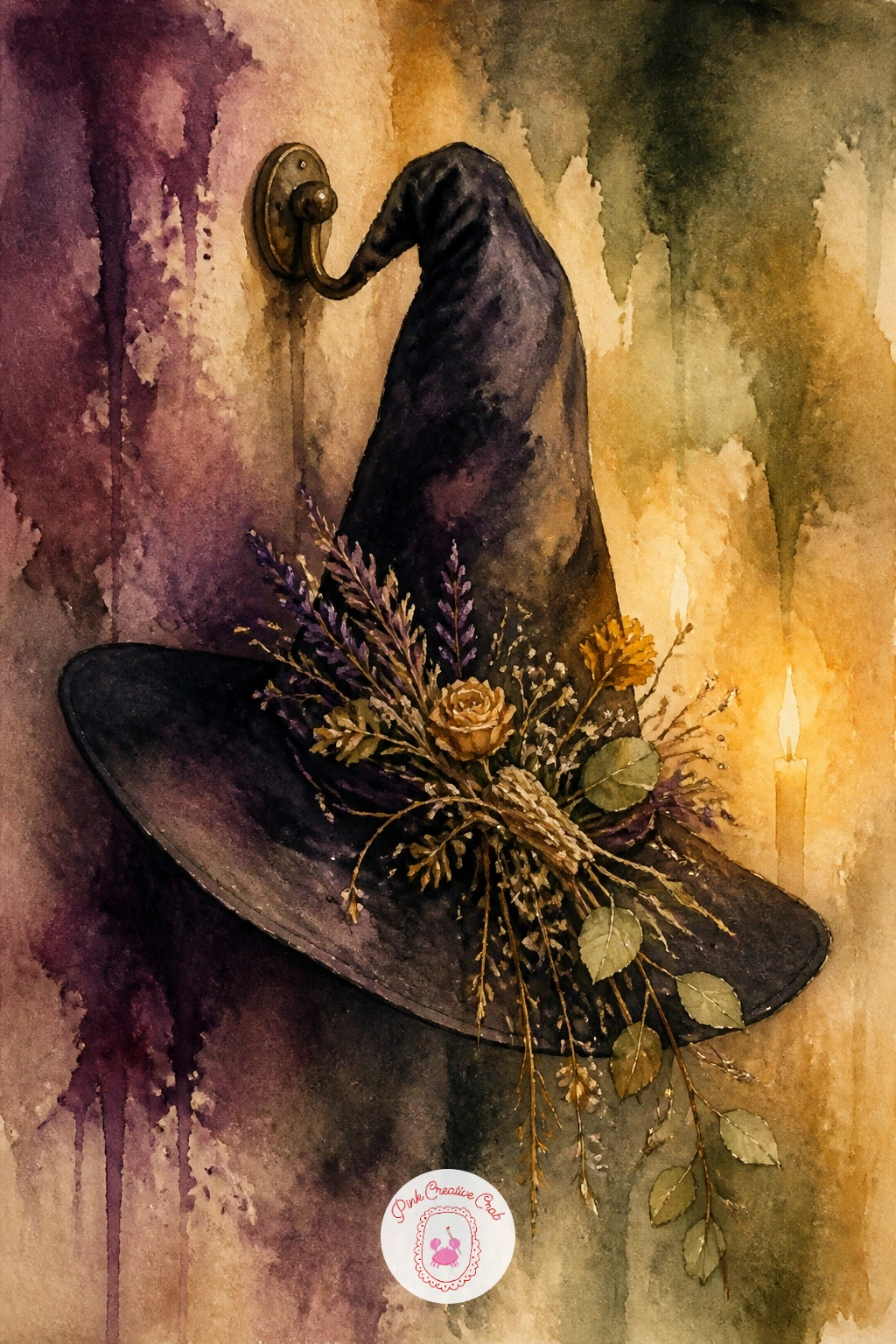 Witch Hat With Dried Flowers On A Hook — After a shelf of bottles, slow down with a single witch hat hung with dried flowers on a hook, a quieter subject that