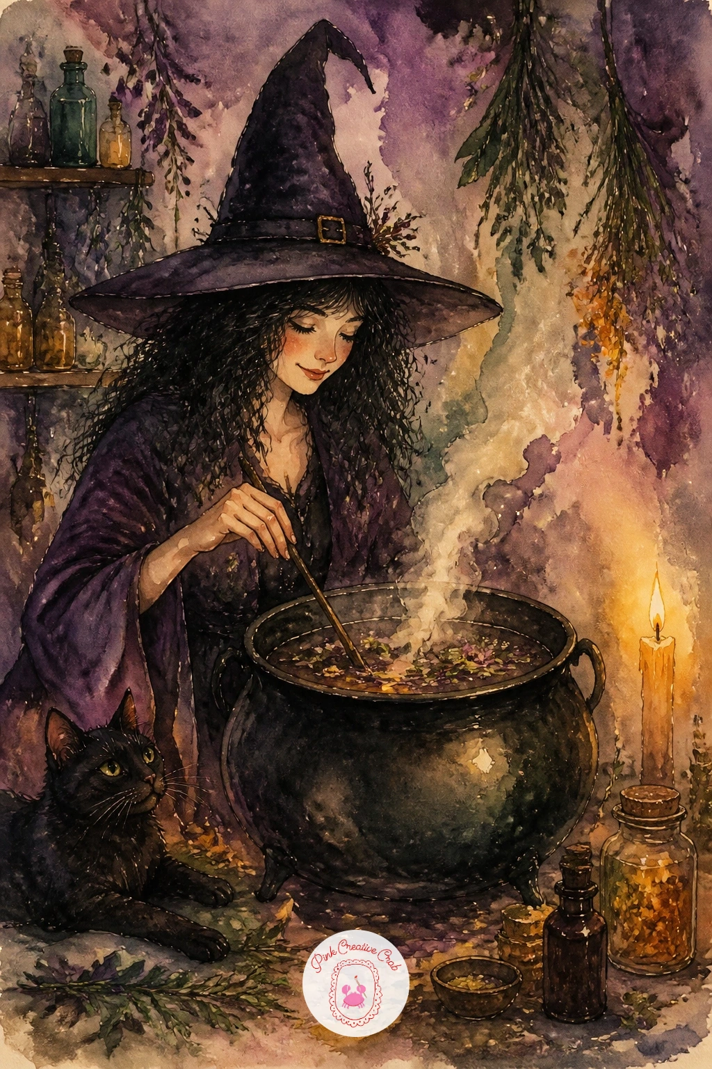 Witch Brewing Tea In A Cauldron — Bring some warmth back into the page with a witch brewing tea in a cauldron, since steam and candlelight make this one feel
