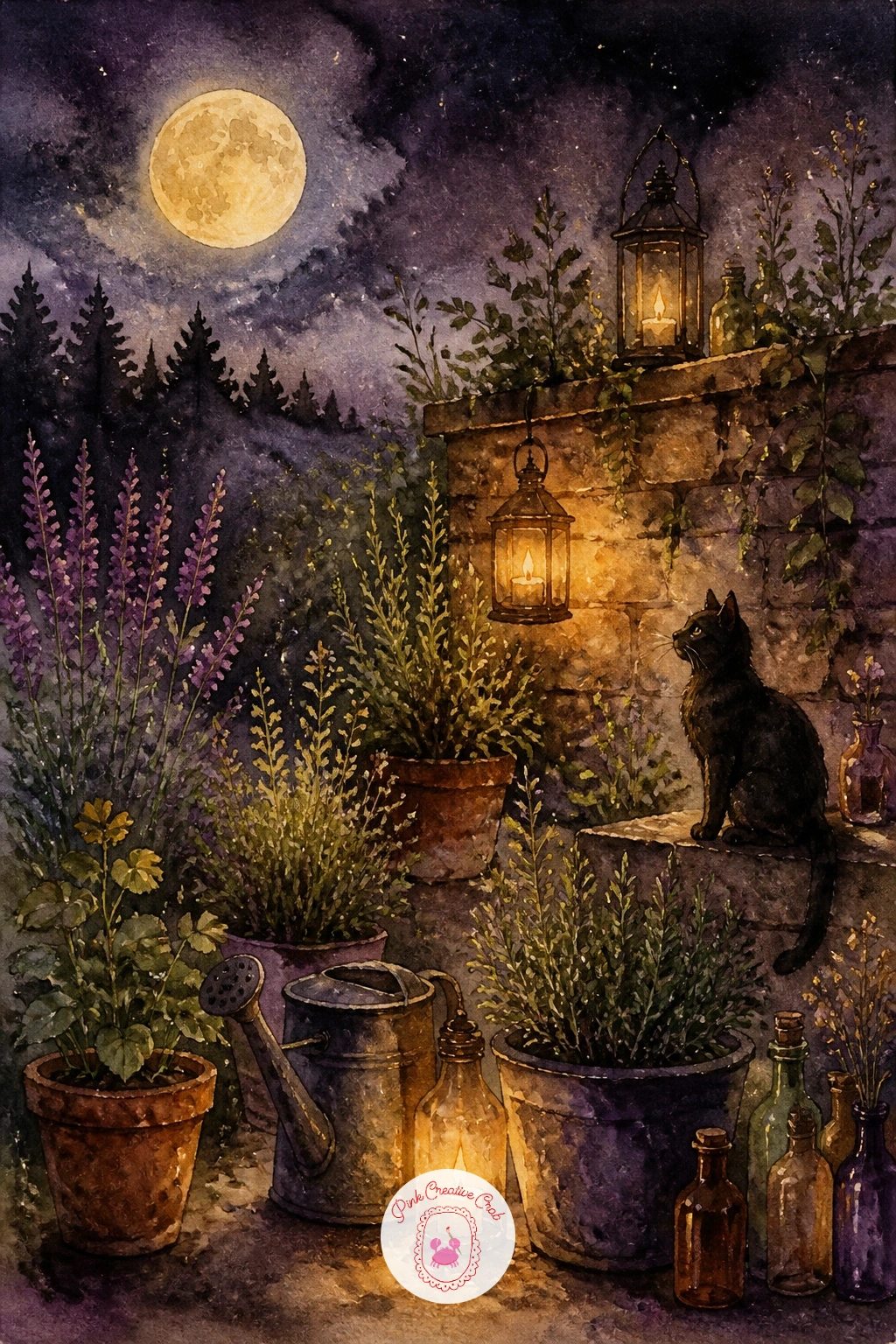 Moonlit Herb Garden — Step outside the cottage for a moonlit herb garden, a scene built from soft rows of green under a pale sky rather than any single