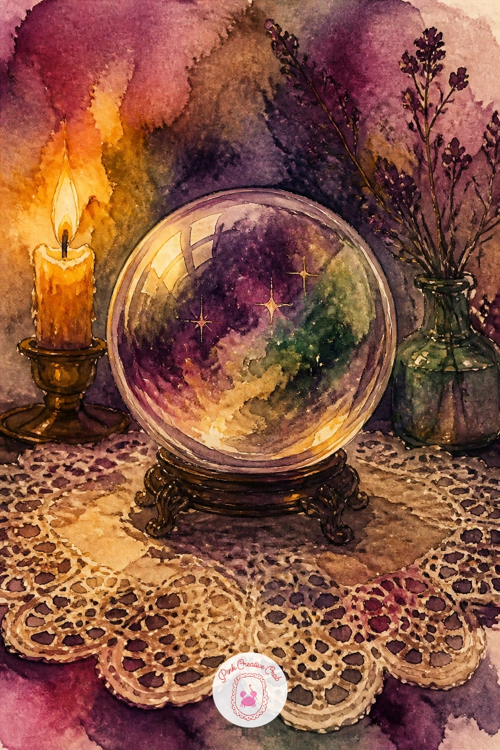 Crystal Ball On A Lace Tablecloth — Add something a little more technical next with a crystal ball on a lace tablecloth, since the sphere itself is good