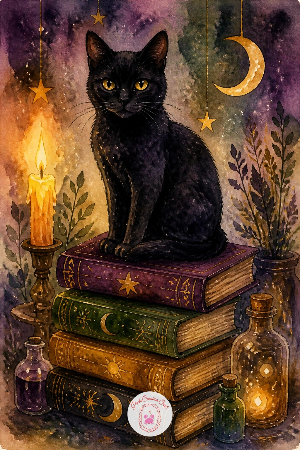 Black Cat On A Stack Of Grimoires — Return to the cat from your first painting, but give her a scene of her own this time: a black cat on a stack of grimoires.