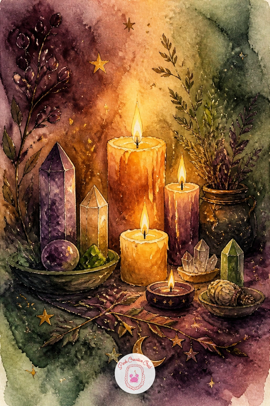 Candles And Crystals On An Altar — Settle back indoors with candles and crystals on an altar, a still-life arrangement that lets you practice warm glow against