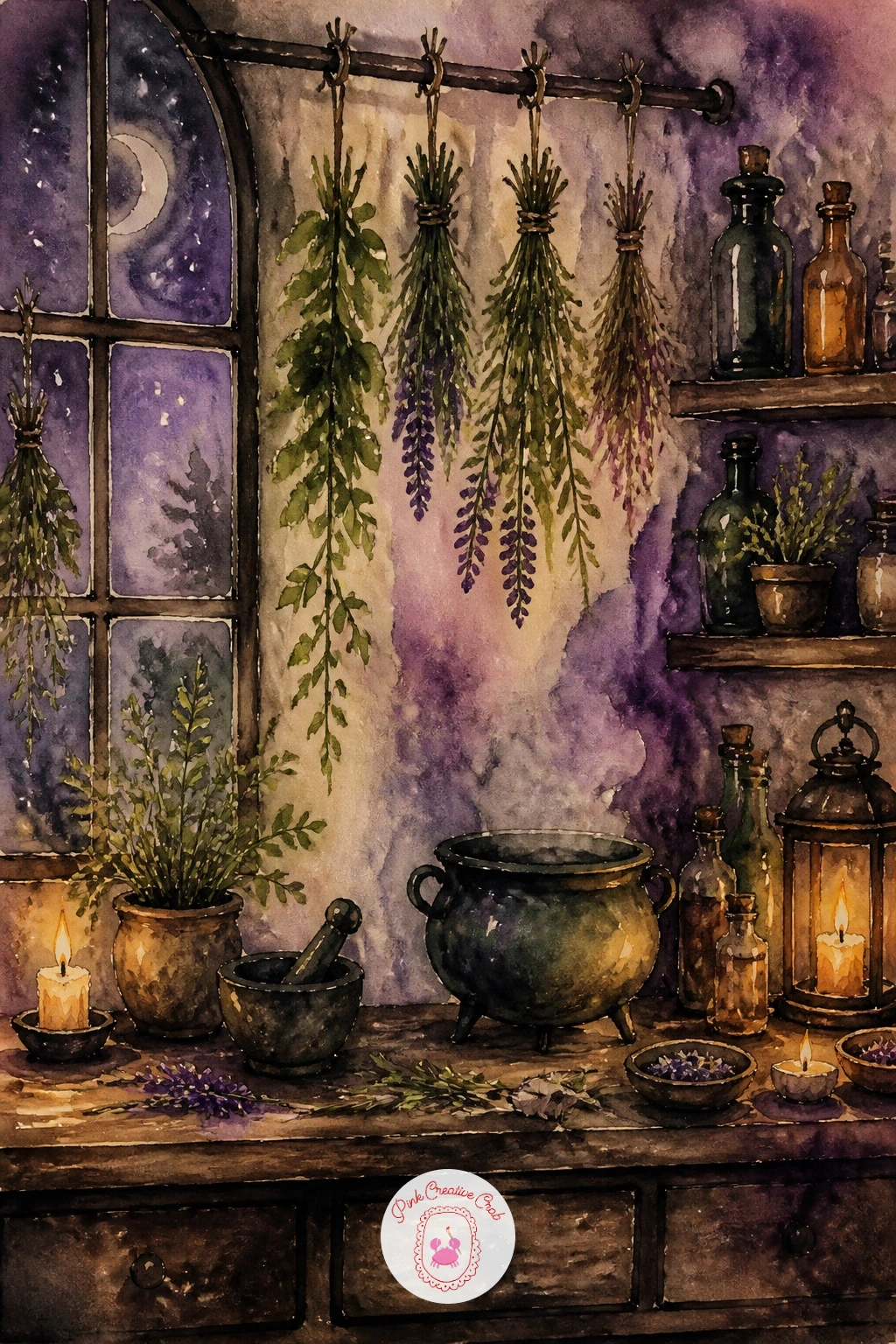 Witch's Kitchen With Drying Herbs — Widen the altar scene into a full witch's kitchen with drying herbs, a busier composition that rewards patience once you
