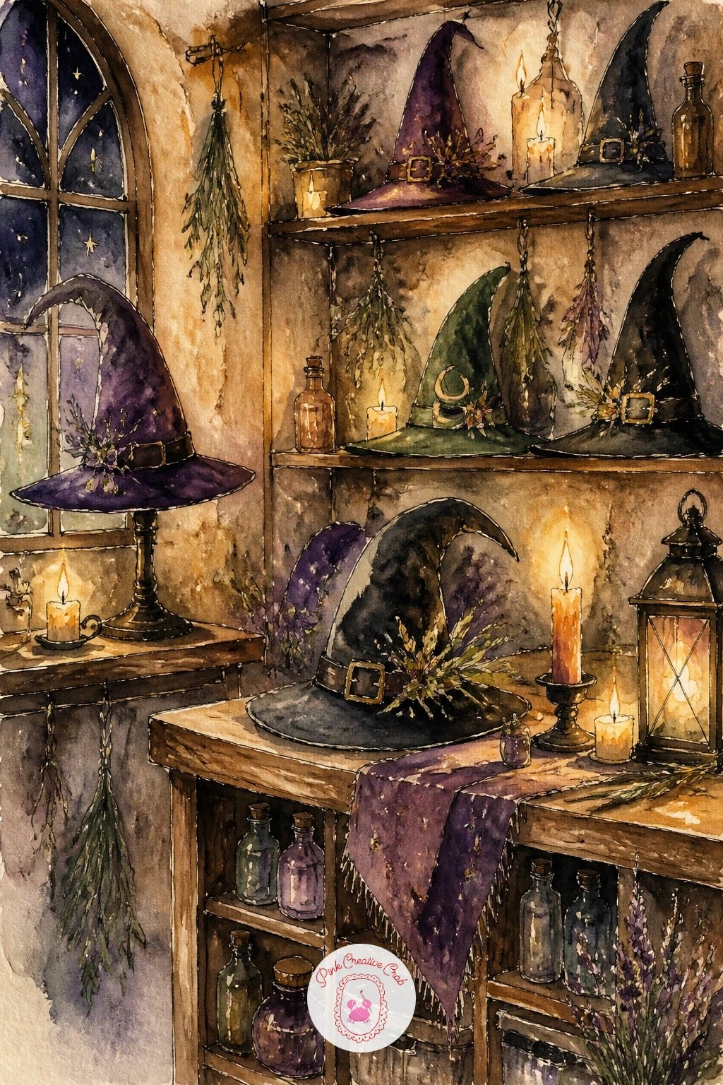 Witch Hat Shop — Zoom out for a witch hat shop, a small storefront scene with rows of hats in the window, which makes a nice complex piece once you have warmed