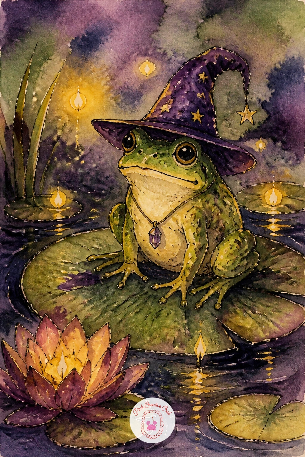 Frog Familiar On A Lily Pad — Cool things down with a frog familiar on a lily pad, a simple, charming subject that works well after a busier shop scene. Witchy