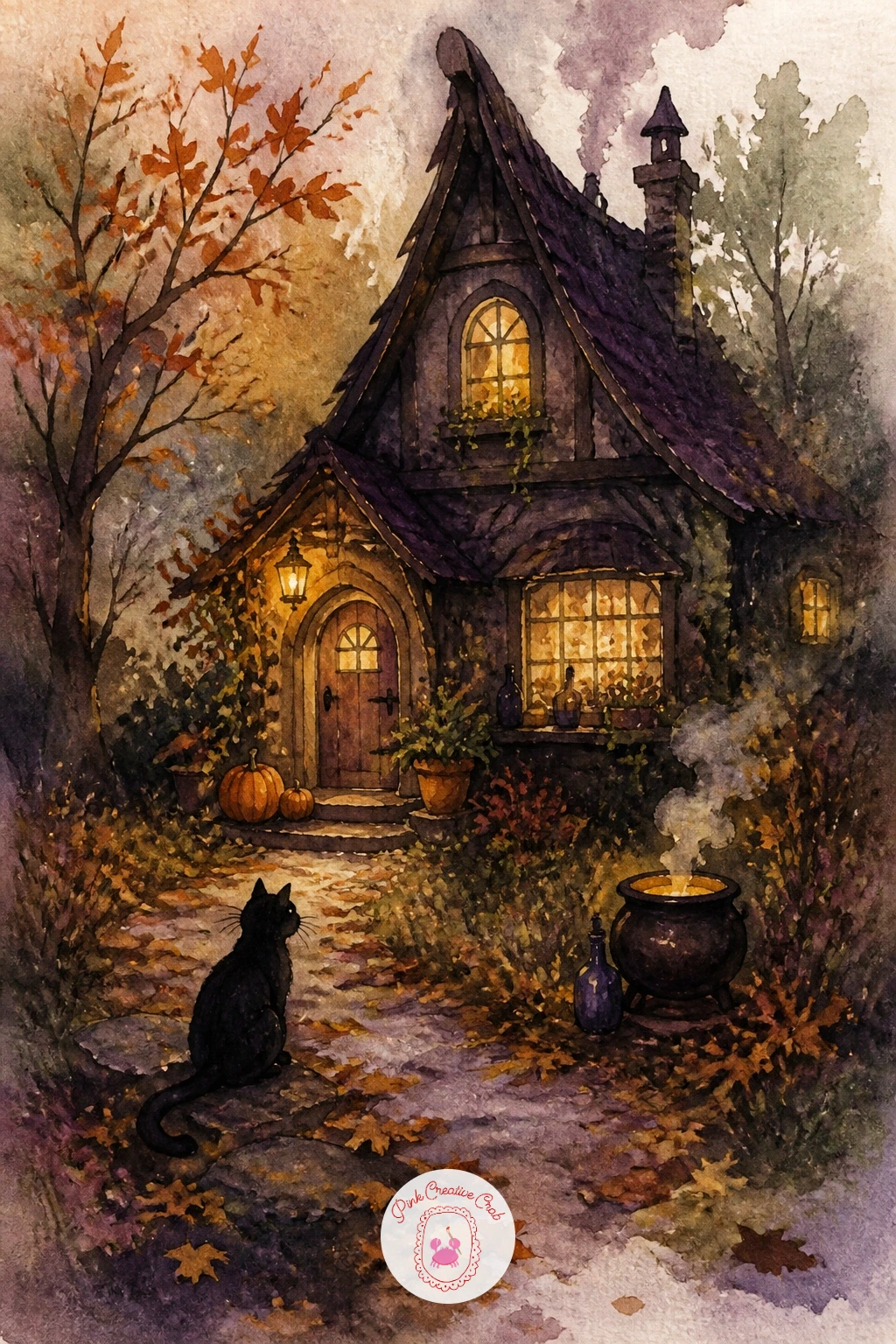 Witch's Cottage In Autumn — Widen out again for a witch's cottage in autumn, a small landscape that ties together many of the colors used elsewhere on this