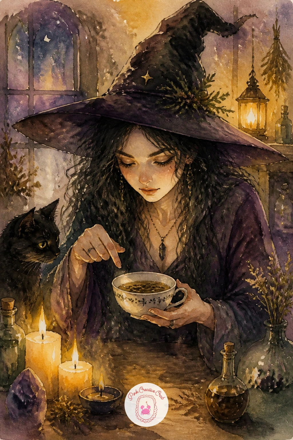 Witch Reading Tea Leaves — Bring the mood back indoors with a witch reading tea leaves, a close, intimate scene centered on a single teacup. Witchy watercolor