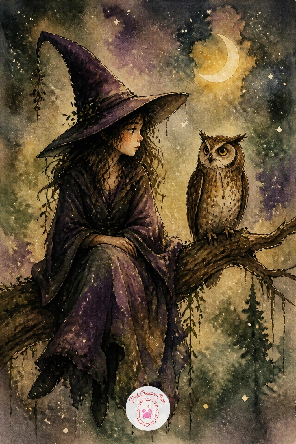 Witch And An Owl On A Branch — Move outside again for a witch and an owl on a branch, pairing a human figure with a bird for a composition that balances the
